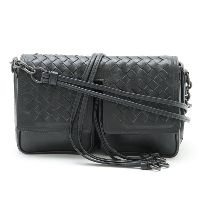Intrecciato Shoulder Bag Crossbody Pouch Black Leather Designer