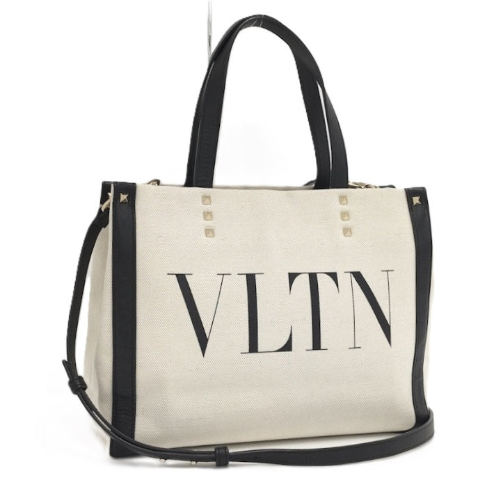 Garavani Handbag 2-way Canvas Leather White. Designer Tote Bag.