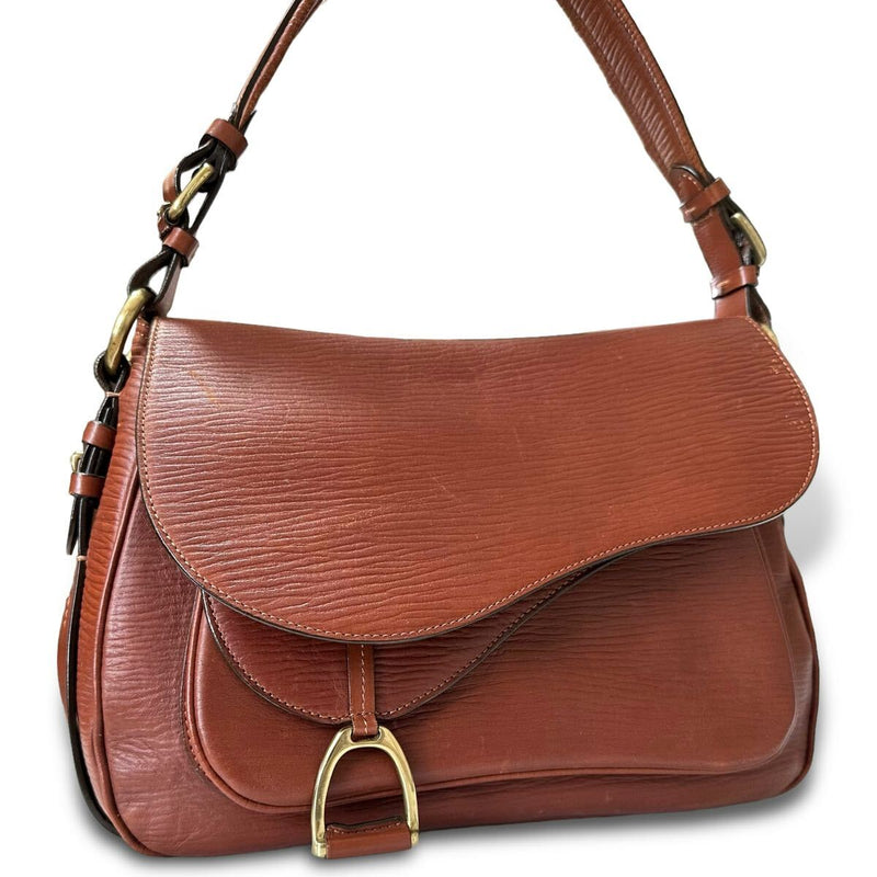 Somes Saddle Leather Shoulder Bag Genuine Pebbled Leather Flap Gold Charm