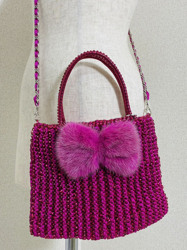 Anteprima 7667 Fur-trimmed 2-way Shoulder Bag Pink Wire Handbag Designer Bag