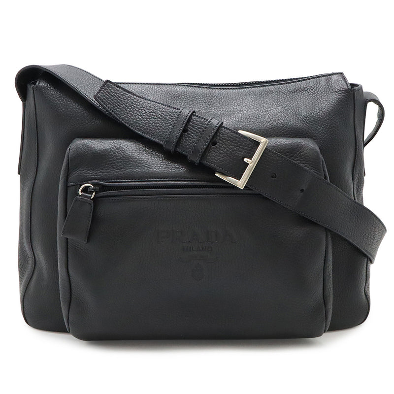 Prada Logo Shoulder Bag Leather Nero Black Silver Hardware Semi-shoulder Bag