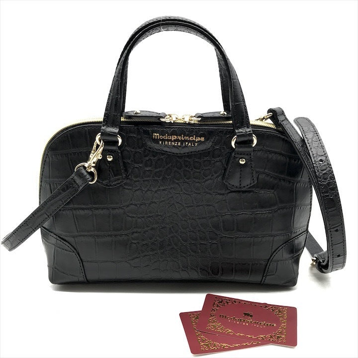 Moda Principe Black Crocodile Embossed 2-way Shoulder Bag Handbag Paisley