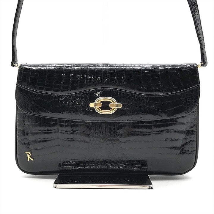 Mario Caruso Crocodile Leather Clutch 2-way Shoulder Bag Black Center Split