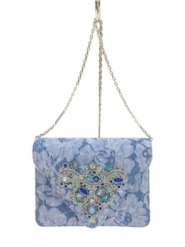 Bejeweled Chain Shoulder Bag Lace Stone Blue Designer Evening Bag