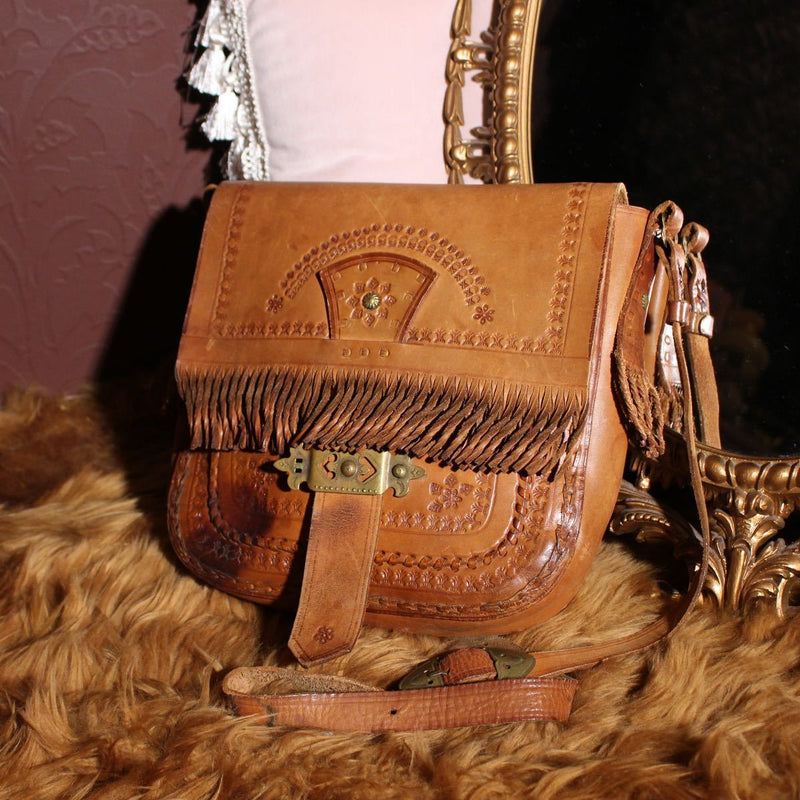 Usa Vintage Embossed Fringe Leather Shoulder Bag Handmade Fashion Handbag