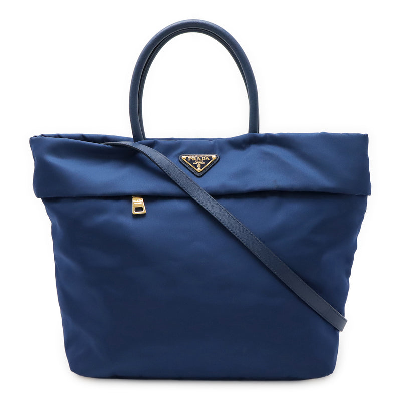 Prada Triangle Logo Tote Bag Bn2531 2-way Shoulder Bag Nylon Leather Blue Gold