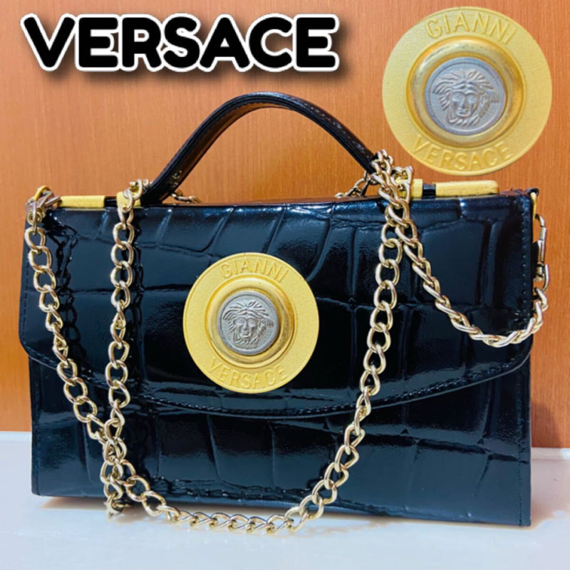 Versace Chain Shoulder Bag Medusa Crocodile Clutch Handbag Gold Accent 2-way