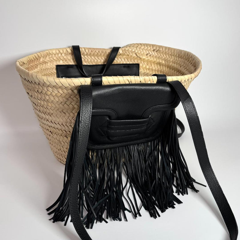 Alpha Rodeo Basket Shoulder Tote Raffia Leather Bag 2-way Black