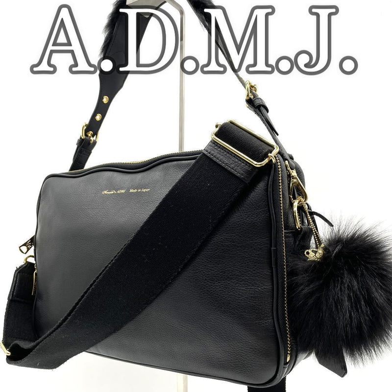 Admj Shoulder Bag 2-way Leather Black Double Compartment Fur Handbag Designer