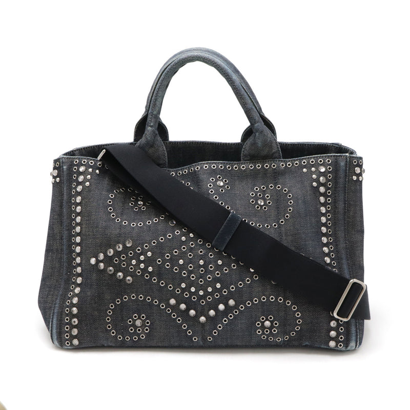 Prada Canapa Tote Bag Bn2642 Denim 2-way Shoulder Bag With Jewels Studs Bleu