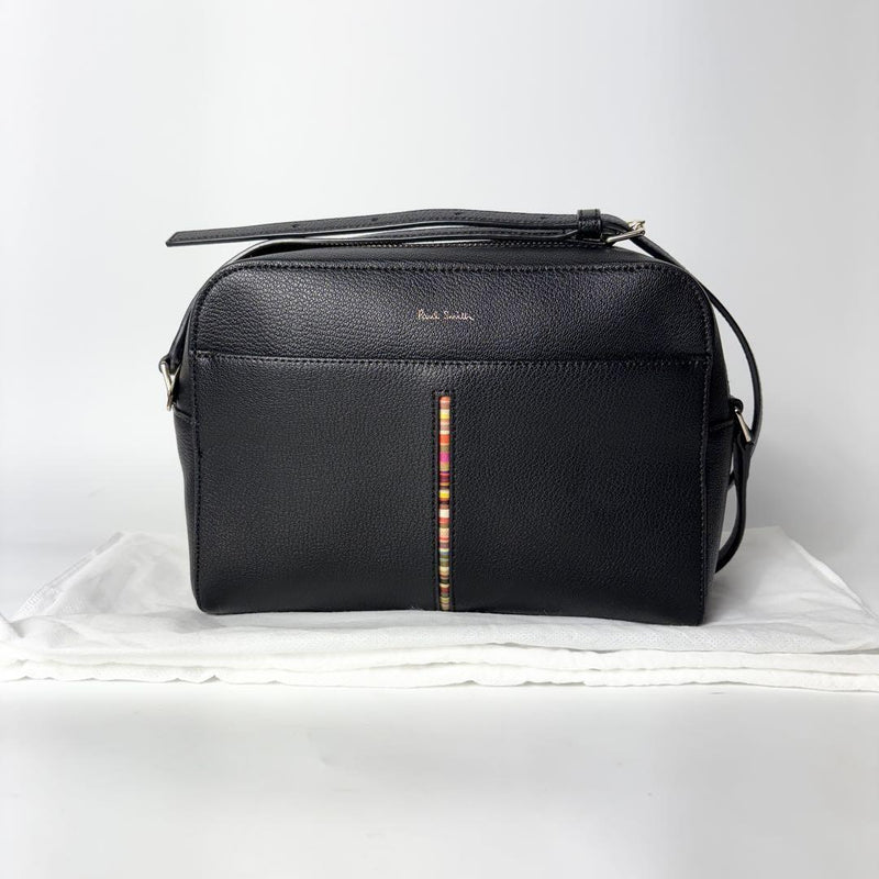 Multi-stripe Black Shoulder Bag Pebbled Leather Designer Handbag