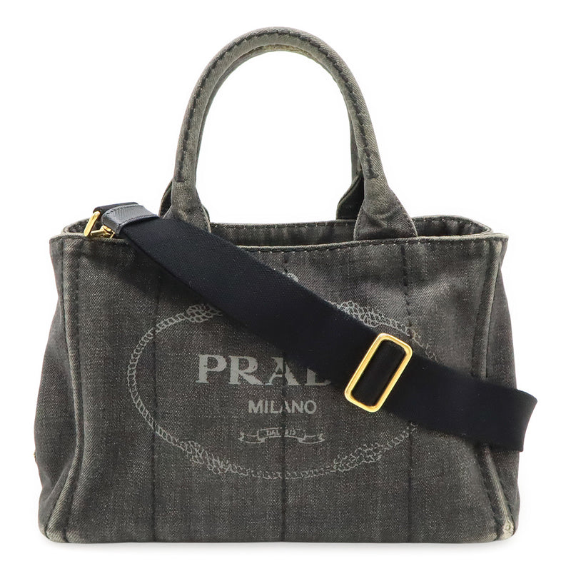 Prada Canapa Tote Bag 1bg439 Denim Nero Black Handbag 2-way Shoulder Bag Gold