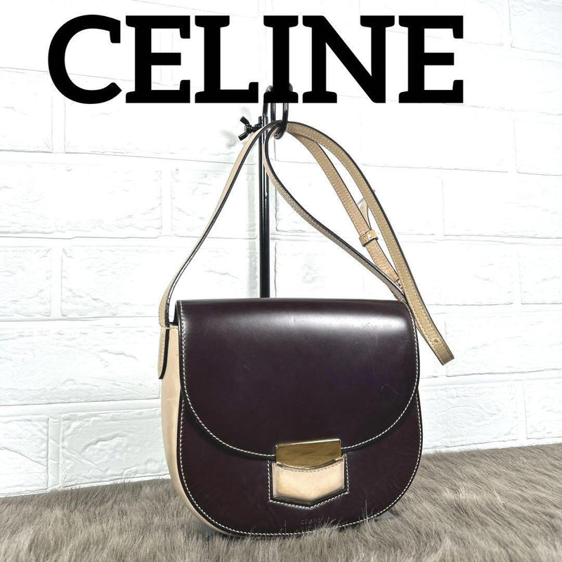 Celine Trotter Leather Shoulder Bag Womens Gold Burgundy Vintage Beige