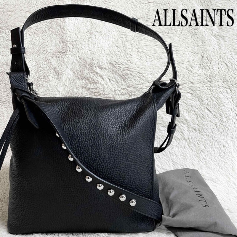 Allsaints Black Shrunken Leather 2-way Drawstring Shoulder Bag Designer Satchel
