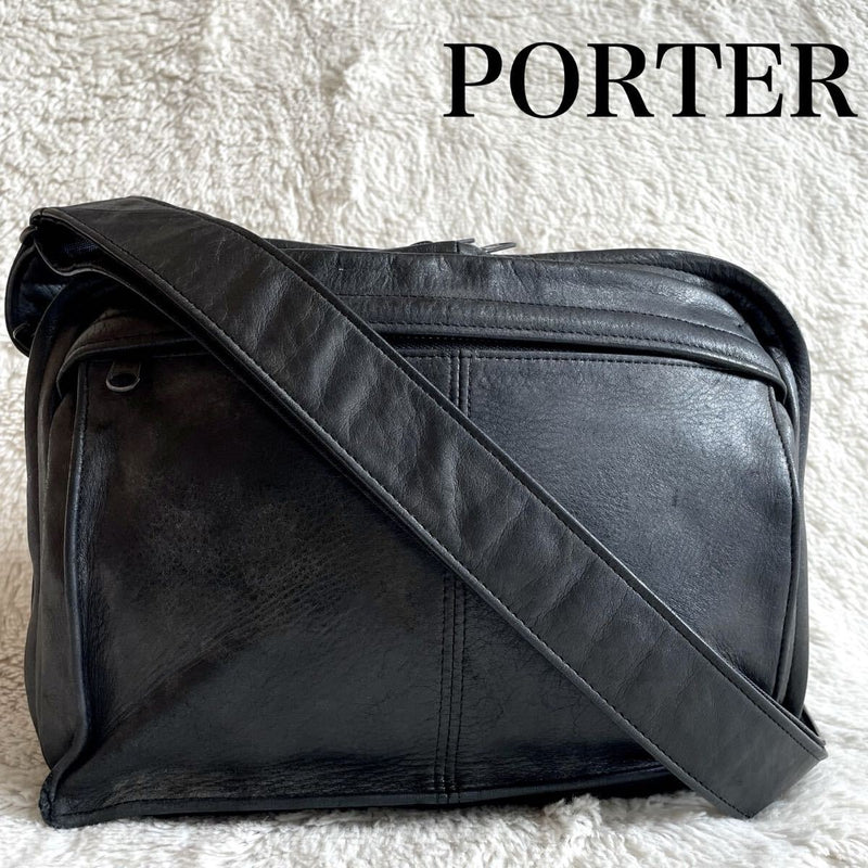 Porter Genuine Leather Shoulder Bag Messenger Bag Black All-leather Construction