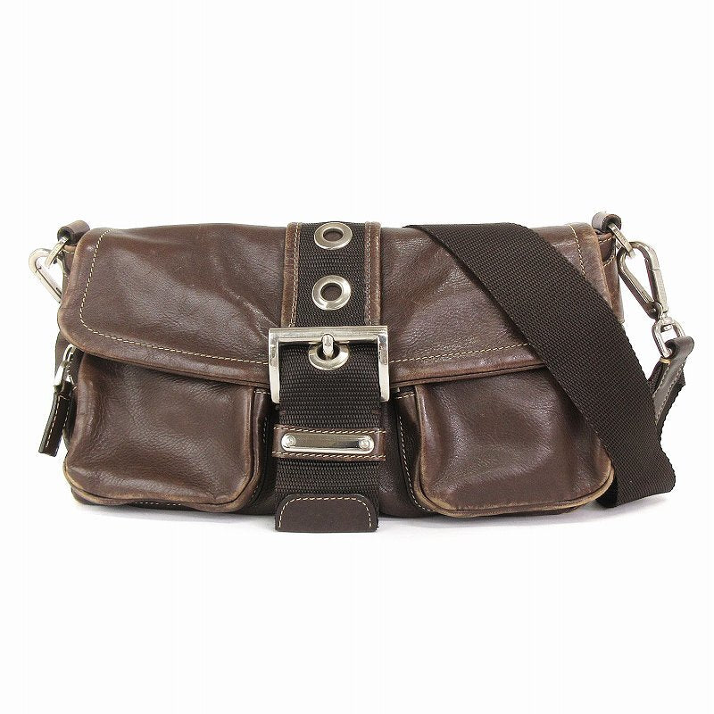 Prada Shoulder Bag Brown Leather Triangle Logo Plate Womens Handbag Classic