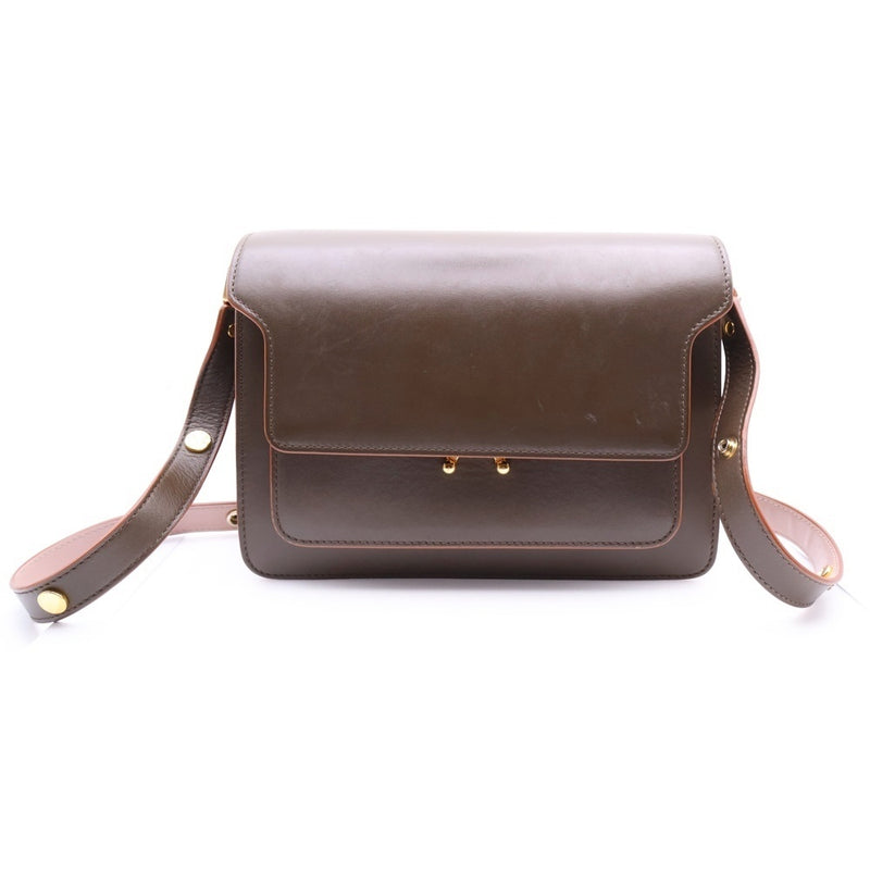 Marni Trunk Leather One-shoulder Bag Gold Hardware Brown Olive Designer Handbag