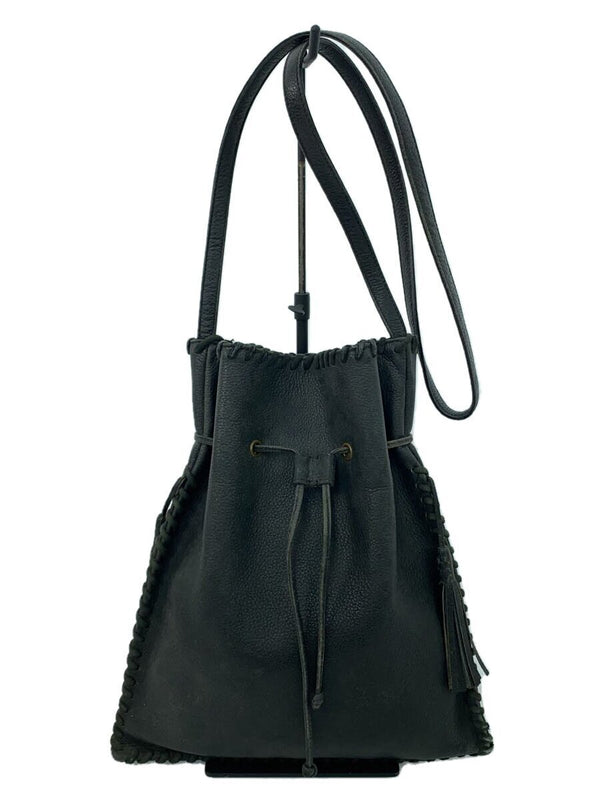 Yves  Shoulder Bag Drawstring Black Leather Solid Color Purse Ysl