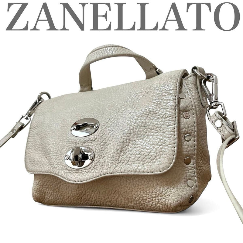 Zanellato Postina Baby Handbag Shoulder Bag 2-way White Leather Studs Turn-lock