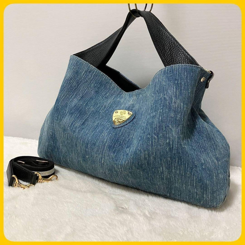 Elvy Leather 2-way Shoulder Handbag A4 Denim Designer Tote Bag Everyday
