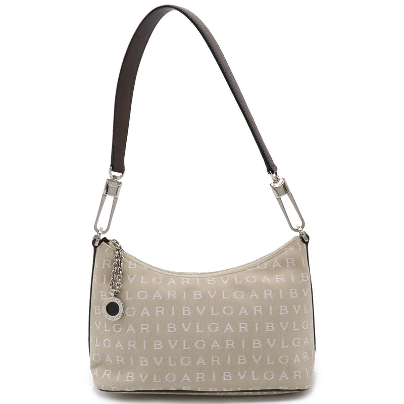 Bvlgari Logomania Shoulder Bag Canvas Leather Beige Dark Brown Silver Hardware