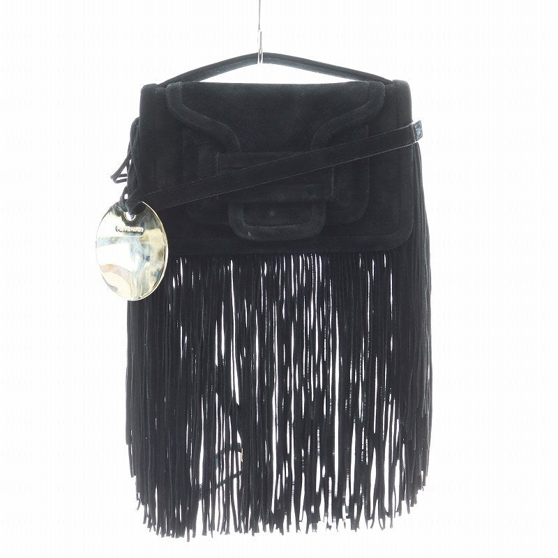Alpha Bag Black Suede Shoulder Bag Handbag 2-way Fringe An12 Womens