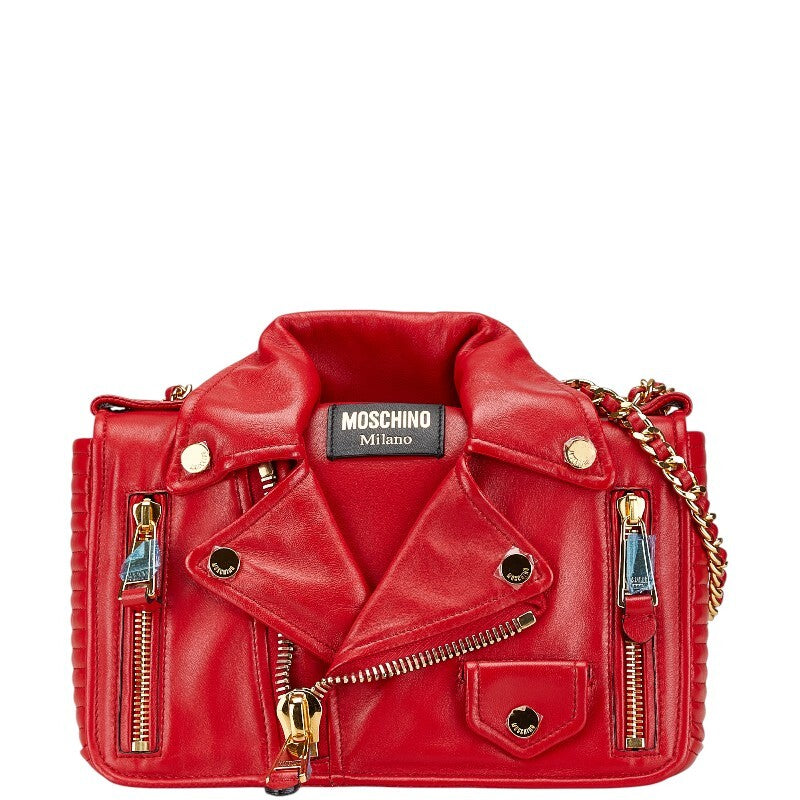 Moschino Biker Jacket Rider Crossbody Bag Red Leather Shoulder Chain Bag Womens