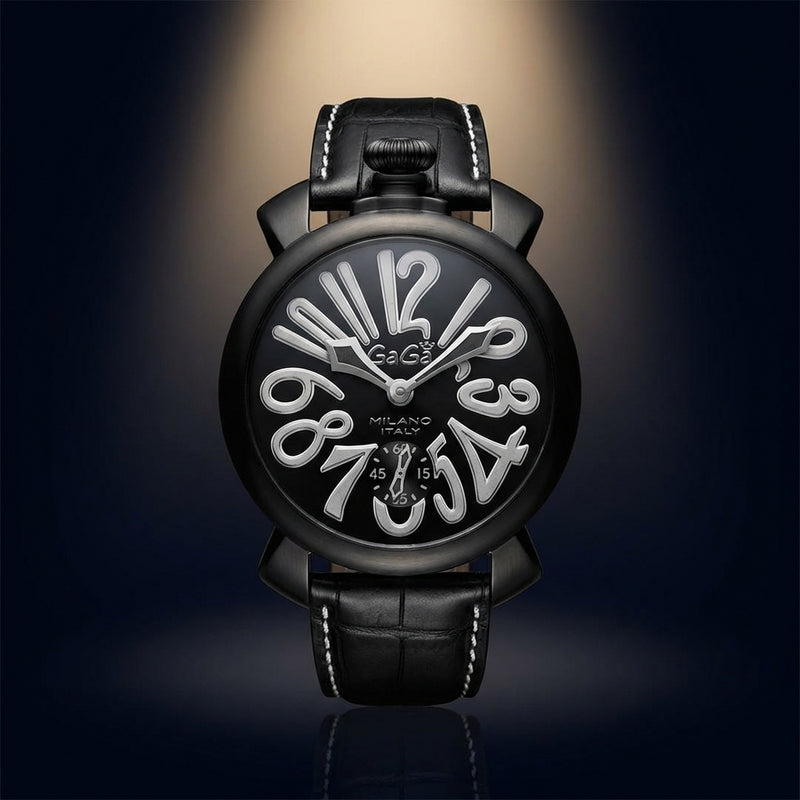 Gaga Milano Manuale 48 5012 Black Leather Watch Mens Wristwatch With Box