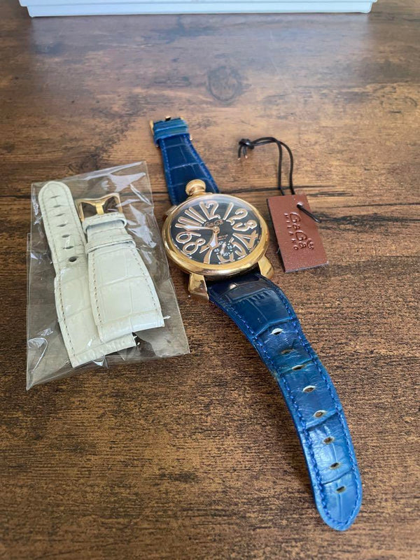Gaga Milano Hand-wound Watch Blue Leather Strap Pink Gold Accents Extra White