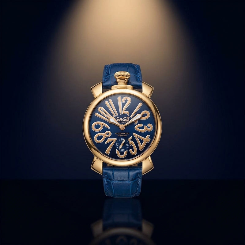 Gaga Milano Hand-wound Watch Blue Leather Strap Pink Gold Accents Extra White
