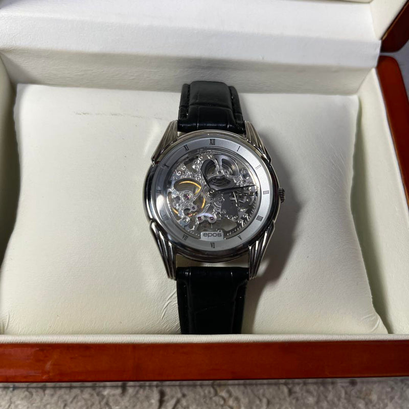 Epos Hand-wound Watch Skeleton Design Silver Black Mechanical Wristwatch Dress