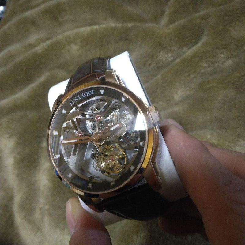 Jinlery Hand-wound Watch Rose Gold Black Mechanical Wristwatch For Men Luxury