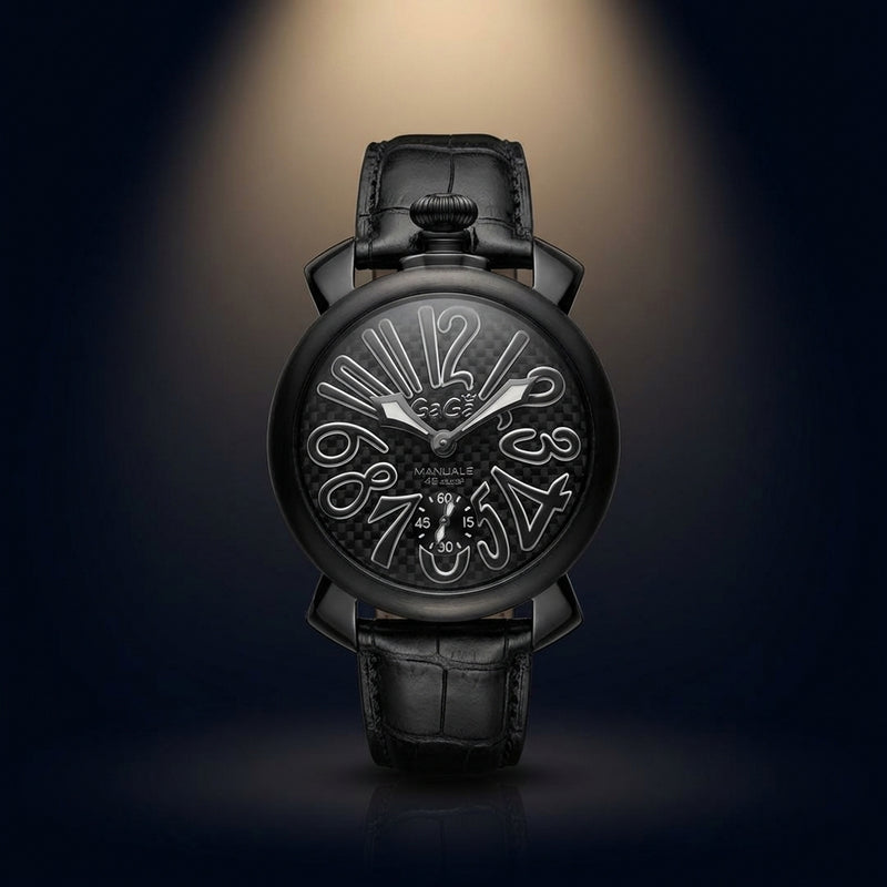 Gaga Milano Manuale 48 5013 Black Leather Watch With Box Swiss Made Mens Analog