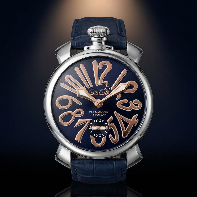 Gaga Milano Manuale 48 5010 Watch Navy Blue Leather Band Swiss Made Mechanical