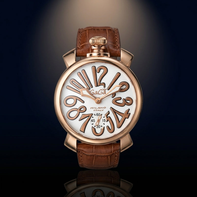 Gaga Milano Manuale 48 Pink Gold Finish Leather Band Mens Watch