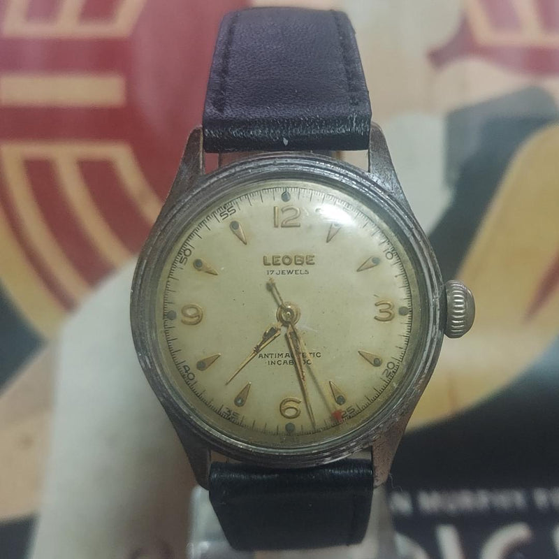 Leoba Hand-wound Watch Ivory Dial Leather Band Mens Mechanical Wristwatch