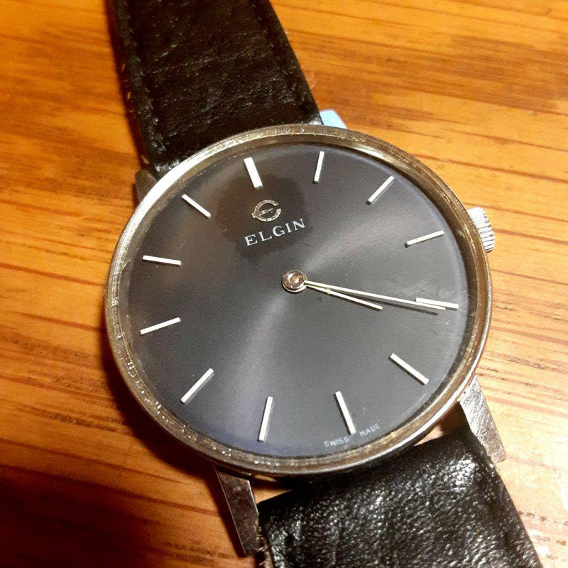 Vintage Elgin Hand-wound Mens Watch Dark Gray Dial Mechanical Dress Watch