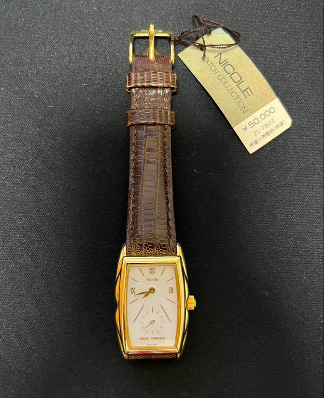 Nicole Hand-wound Watch Gold Tonneau Case Brown Leather Strap Mens Dress Watch