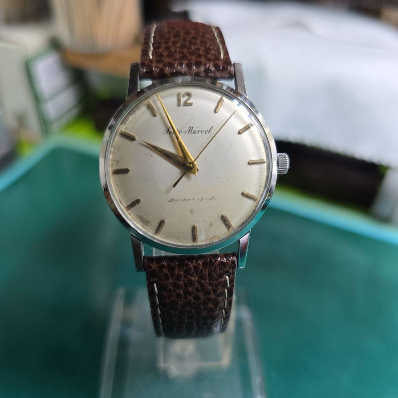 Marvel 21 Jewels Red Movement Hand-winding Wristwatch Working Overhauled