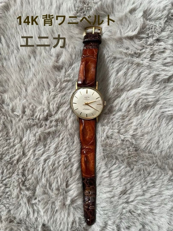 Enica L Gold Vintage Hand-wound Watch Crocodile Leather Band Classic Dress Watch