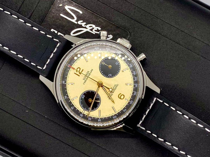 Sugess Chronograph Manual Winding Watch Champagne Dial Mechanical Wristwatch