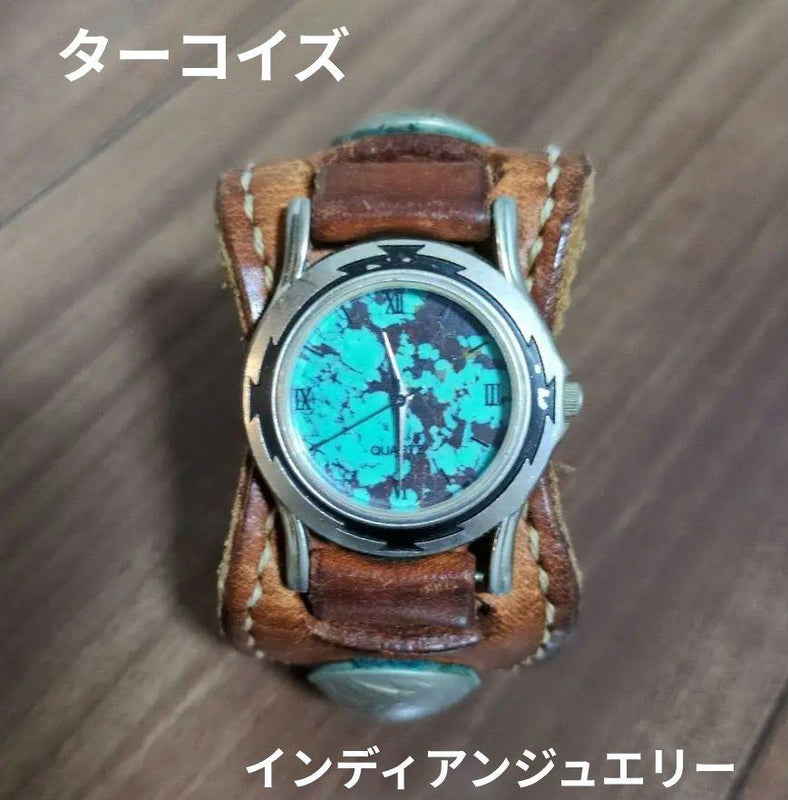 Turquoise Dial Hand-wound Watch Leather Band Native American Jewelry Style