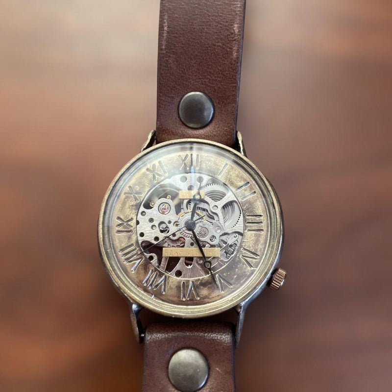 Hand-wound Watch Skeleton Dial Brown Leather Strap Mechanical Wristwatch