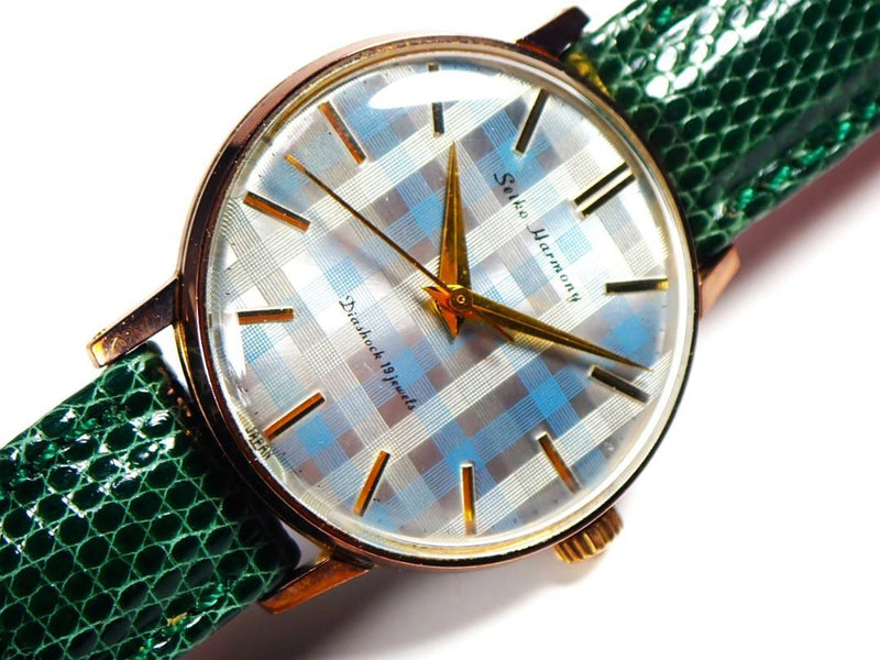 Harmony 19 Jewels Manual Wind Watch Blue Check Novelty Dial Vintage Style