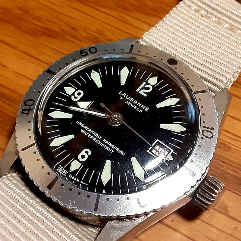 Lausanne Vintage Military Watch Black Dial Date Hand-winding Mechanical Mens