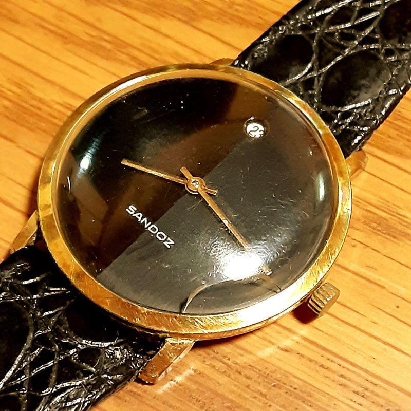 Sandoz Black Dial Date Manual-wind Mens Watch Dark Gray Working Condition