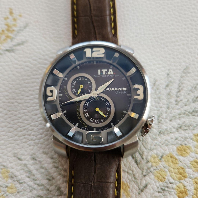 Ita Catanova Hand-wound Watch Black Brown Leather Band Mechanical Movement Mens
