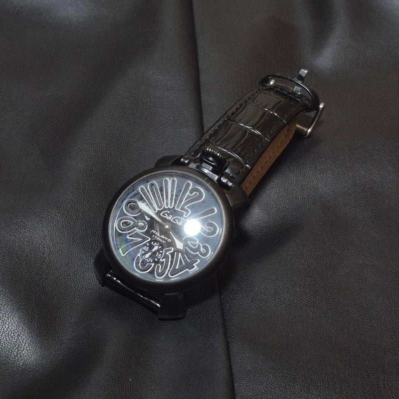 GaGa MILANO Manuale 48 Hand Winding Black Dial Mens Watch SS 30m 15mm Leather