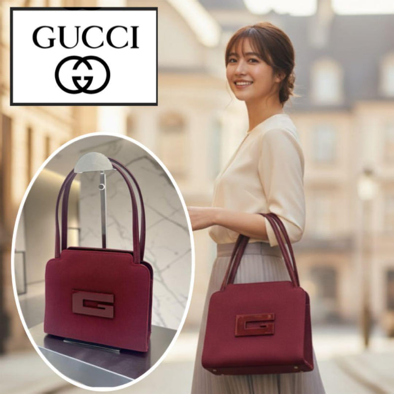 GUCCI Handbag Bordeaux Nylon G Logo Plate 22cm W 19cm H 6cm D Handle Drop 17cm