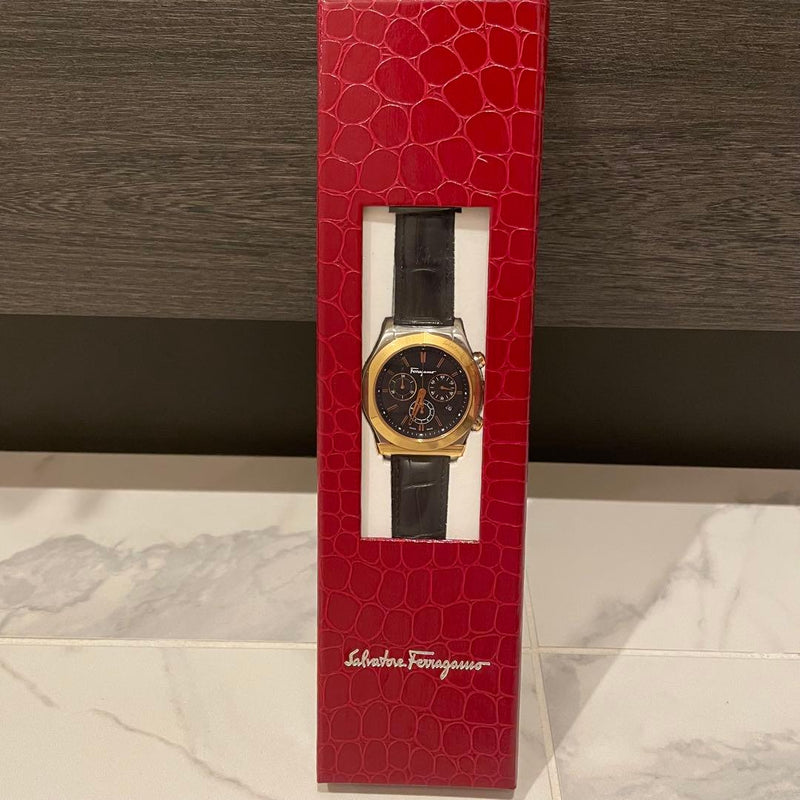 Ferragamo Womens Quartz Wrist Watch Black Leather Band with Ferragamo Logo Dial